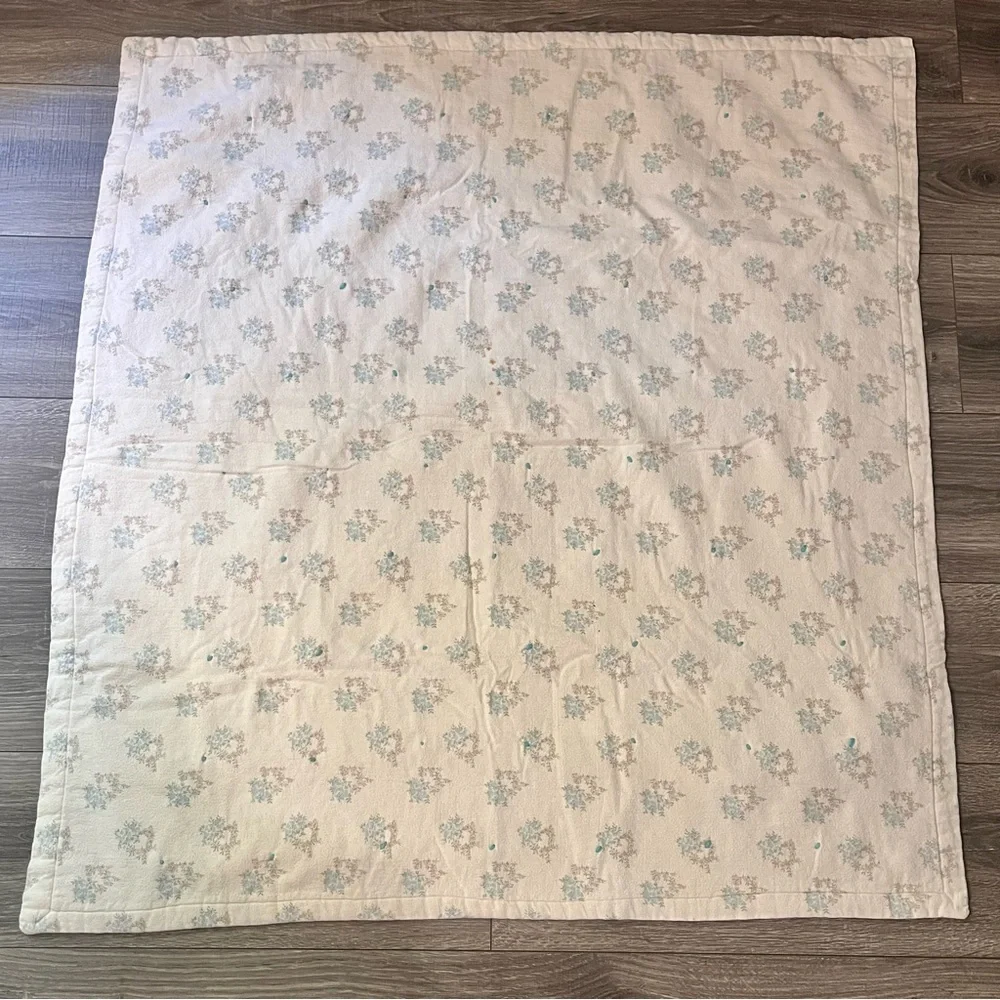 Vintage Baby Quilt Reversible Animal Grid‎ Floral Blue Yarn Tied Nursery Blanket